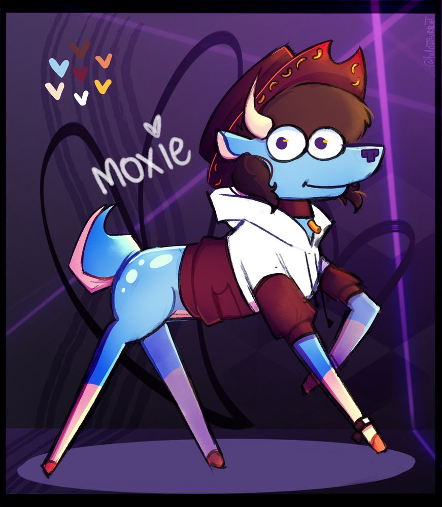 A blue deer in a black and white hoodie, combining Makaroni and Poxy.