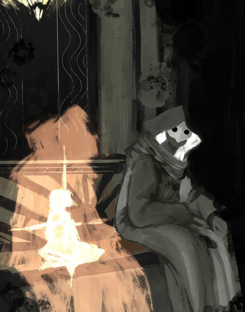 A painting of the Hythlodaeus scene in Shadowbringers. Hythlodaeus and the Warrior of Light sit in the waiting room in Amaurot. Hytholodaeus sits on the right in the shadows, facing the Warrior of Light who is enveloped in light with the glowing form of Azem surrounding them.