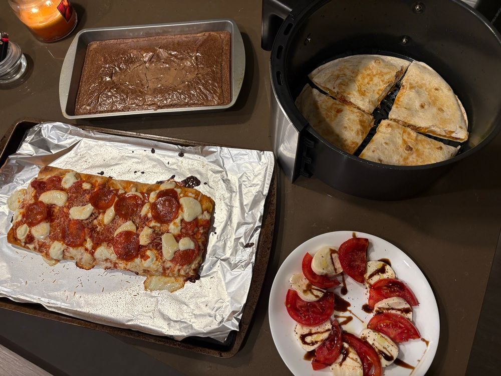 caprese, pizza, brownies & quesadilla 