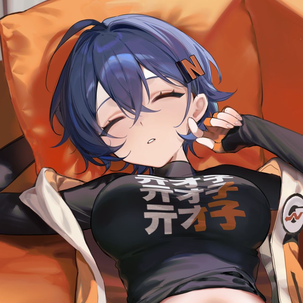 artwork of belle from zenless zone zero, lying on her back on an orange sofa. her eyes are closed, and one hand is beside her cheek. the other hand is up and behind the pillow she's sleeping on.