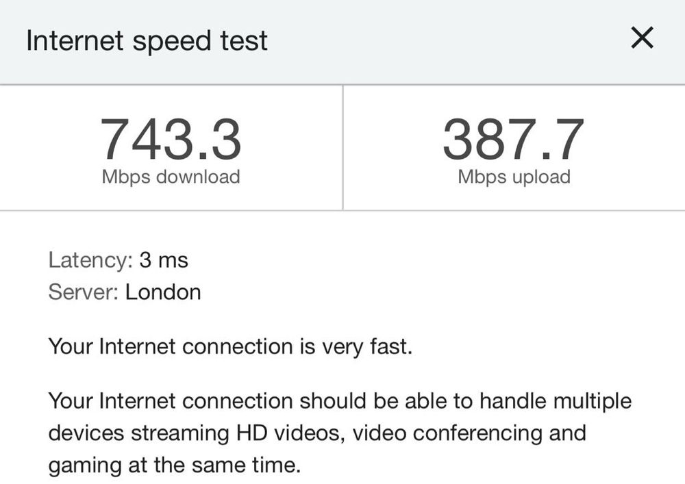 Internet speed test showing 743.3 mbps download and 387.7 upload
