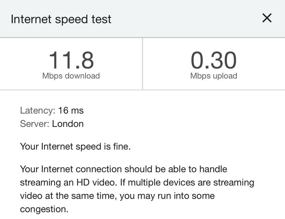 Internet speed test showing 11.8 mbps download and 0.3 upload