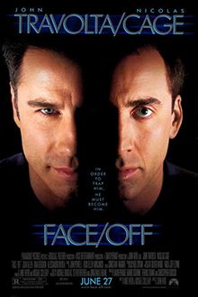The Face/Off movie poster
The right side of John Travolta's face with the left side of Nick Cage's, with a bit of metaphysical black space betwixt them.
