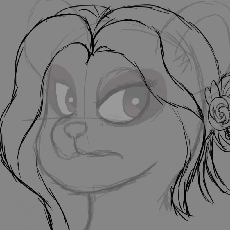 Sketch Drawing of a Panda Girl. She has a Bun and Rose decorations.