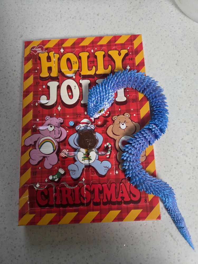 케어 베어즈가 그려진 어드벤트 캘린더 위에, 절묘하게 베어즈 중 하나의 얼굴그림에 맞추어 케어 베어즈 얼굴 모양 초콜릿이 있다. 그 초콜릿으로 머리를 향한, 비늘이 뾰족뾰족하고 관절이 촘촘한 장난감 뱀이 S자로 몸을 구부려 일부는 상자 위에 올라가고 일부는 떨어져 있는 모습을 찍은 사진. 