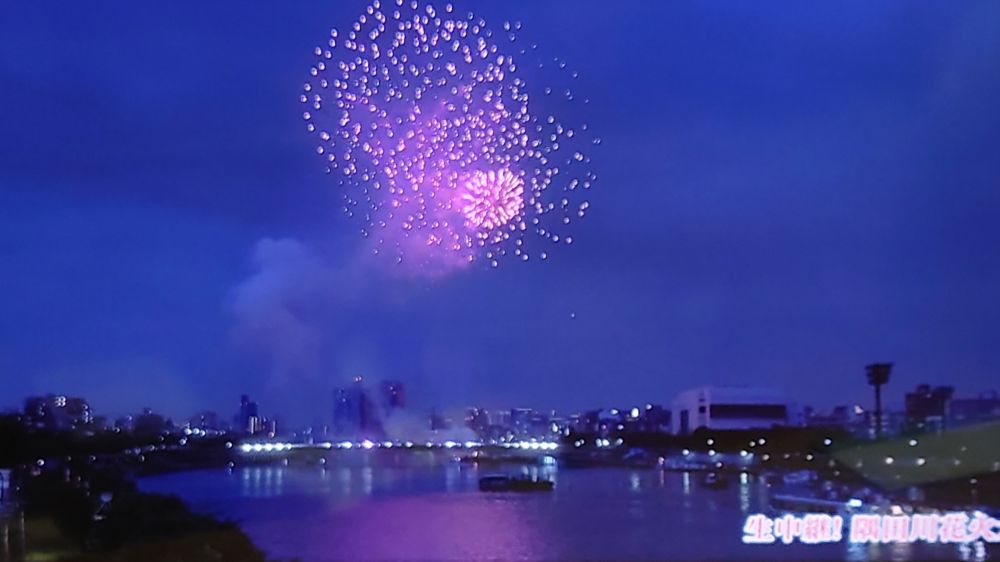 同じく隅田川花火大会のテレビ画面。
1枚目のピンクの花火が四重に大小重なり合い夜空に広がっている。濃藍の空とピンクのコントラストが鮮やか。
暗い川面に花火の色が映っている。