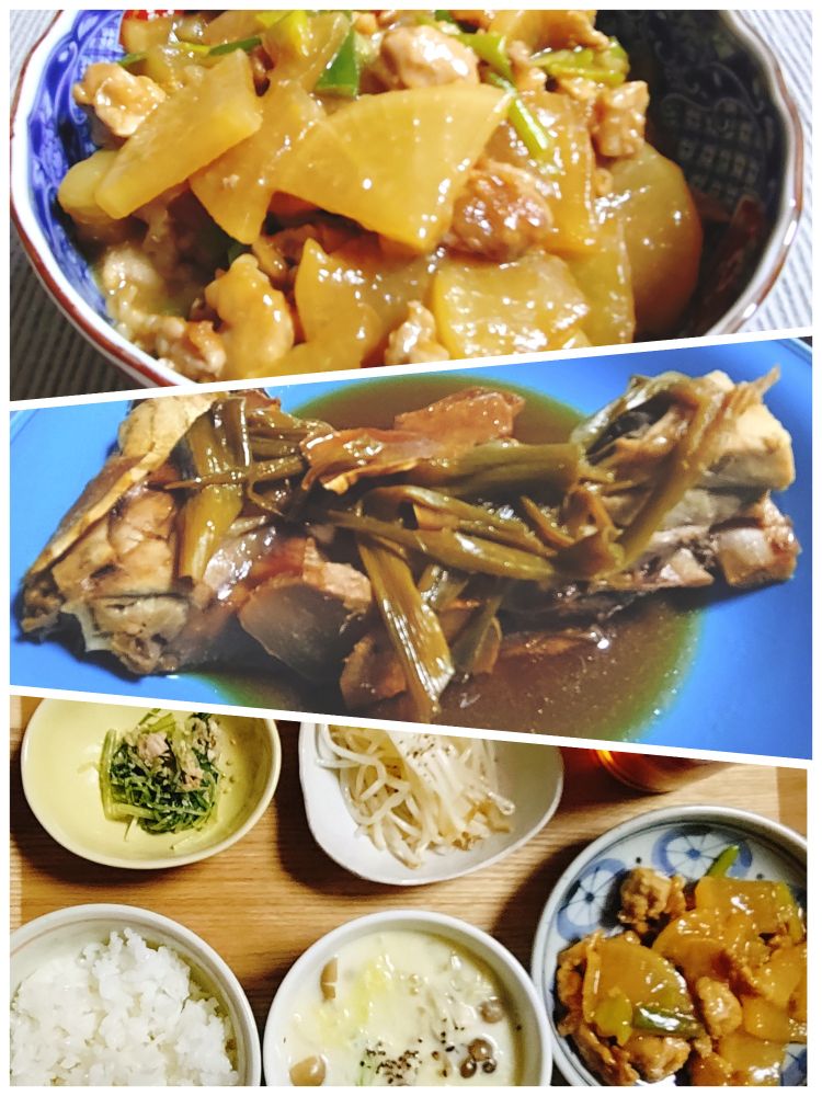 2025/11/28　の晩ごはんの写真。
メインのおかずは、豚バラ大根、マグロのカマの煮付け。
他に、昨日の残りものや、作り置きのもやしのナムル、白菜としめじのクリームスープ、白米など。