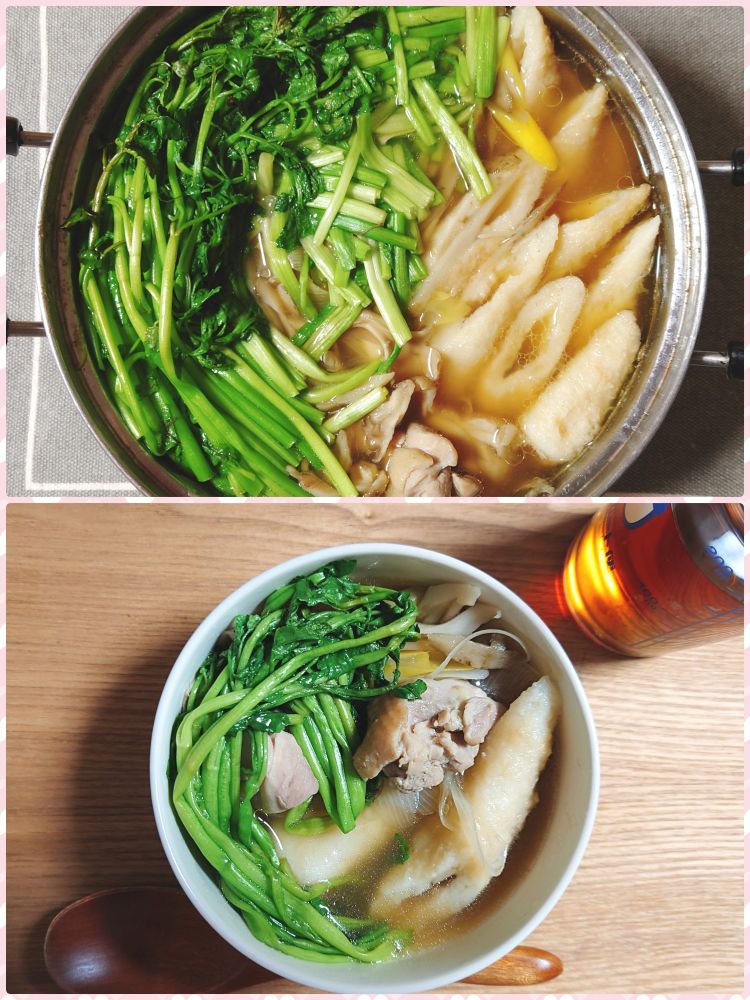 夕食に作った、きりたんぽ鍋の写真。
鍋と、取り分けた中鉢の2枚を1枚の画像につなげている。
上はテーブルにセットした出来上がりほやほやの鍋。斜めに切ったきりたんぽ、ささがきにしたごぼう、斜め切りの深谷ねぎ、鶏モモ肉、舞茸、最後にセリをぐるりと鍋に沿うように入れてある。
下は、一人前に取り分けたところ。
セリの緑が鮮やかで香りも良い。麦茶と一緒に。