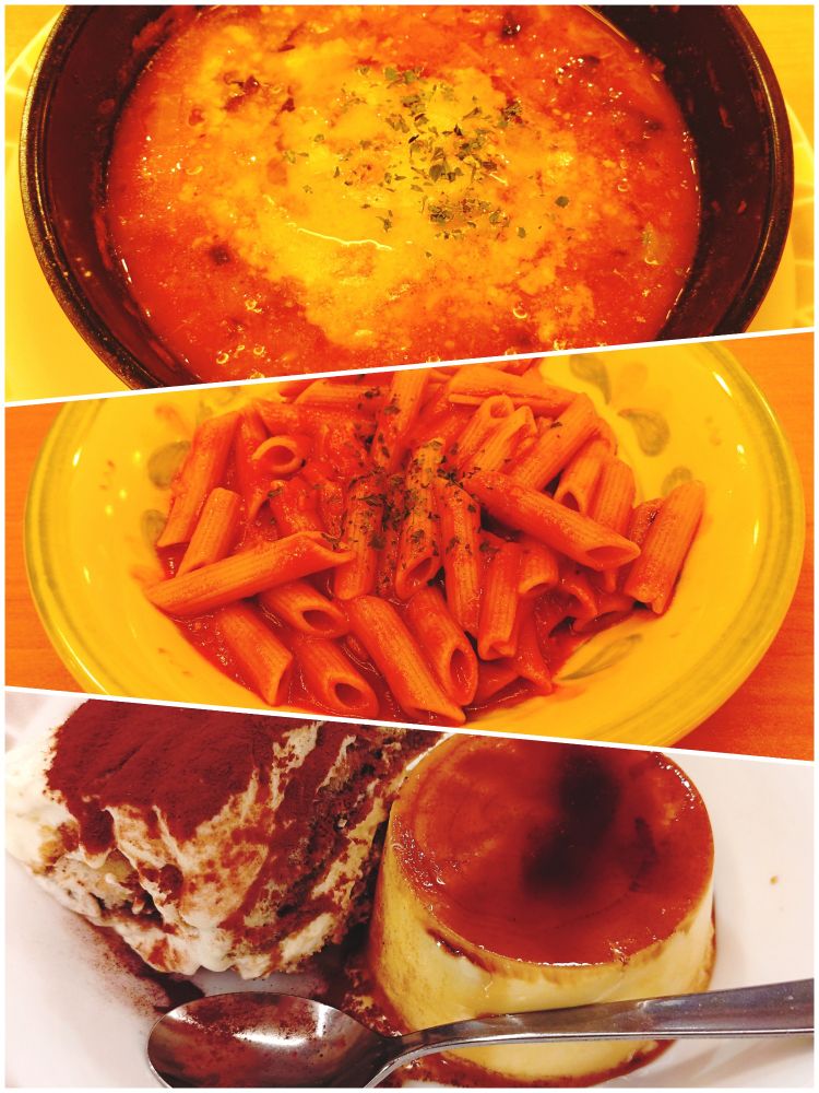 2025/12/13　の晩ごはんの写真。
サイゼリヤで外食した一部のメニュー。ミネストローネ、全粒粉のペンネ・アラビアータ、イタリアンプリンとティラミス・クラシコの盛り合わせ。