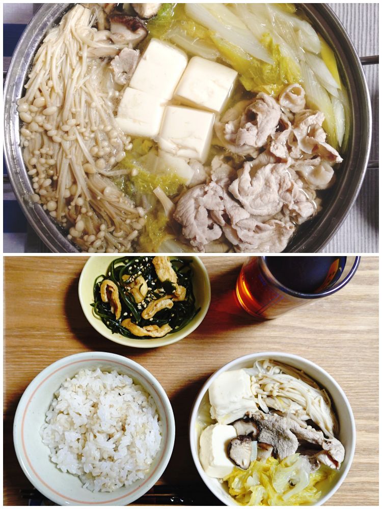 晩ごはんの写真。白菜をメインにした鍋と、もち麦入りごはん、麦茶。
鍋はそのまま食卓に置いて取り分けてポン酢、キムチの素を加えて食べる。具材は白菜、絹豆腐、しめじ、えのき茸、深谷ねぎ、しゃぶしゃぶ用の豚肉。