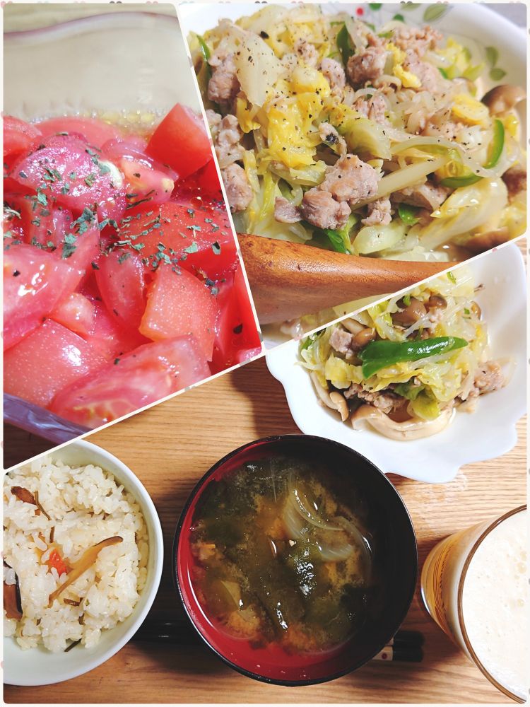 夕食の写真。トマトのマリネ、豚こま肉と春キャベツ、春ピーマン、ぶなしめじの塩にんにく炒め。
一人前のトレイには、これらを取り分けたものと、オールフリーの注がれたグラス、玉ねぎとわかめの味噌汁、ごぼうの混ぜご飯。