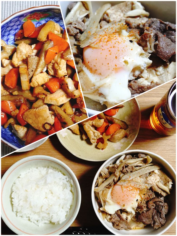 2025/12/06の晩ごはんの写真。
人参とごぼう、鶏むねのきんぴら風炒め煮（家族作）、ささがきごぼうと舞茸、牛こま肉、木綿豆腐を甘辛く煮て、仕上げに卵を落としたもの。
御膳には白米、柚子大根など。