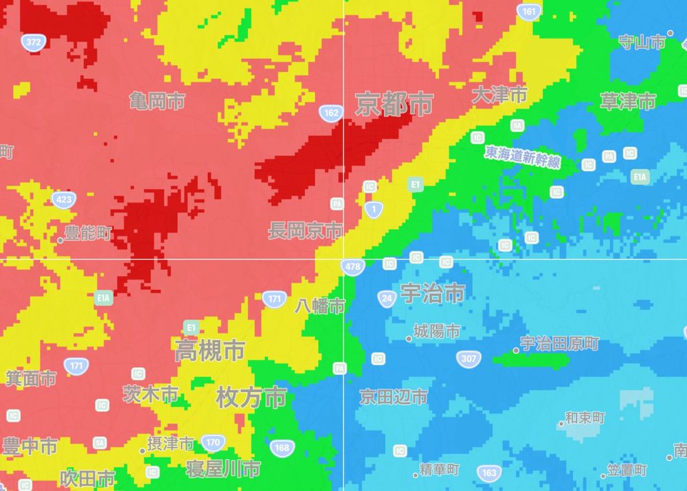 京都競馬場中心の雨雲レーダー