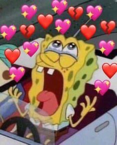 the one & only spongebob squarepants yelling with heart emojis around him and tears in his eyes