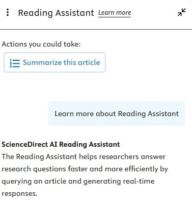 ScienceDirect AI Reading Assistant offers to summarize an article.