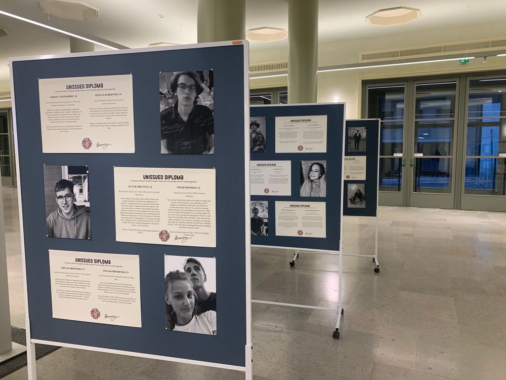 Posters of students killed in by Russia, defending Ukraine.