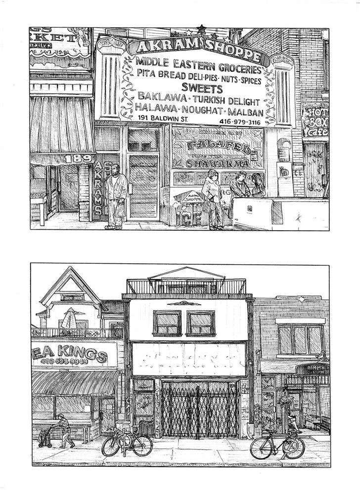 Description
Top panel:
Akram's Shoppe, a middle eastern groceries store, at 191 Baldwin Street. The store has signs advertising the foods they sell.

Bottom panel:
191 Baldwin Street, where Akram's Shoppe used to exist. The signs have been removed from the shop, and a metal criss-cross fence blocks entry into the building.