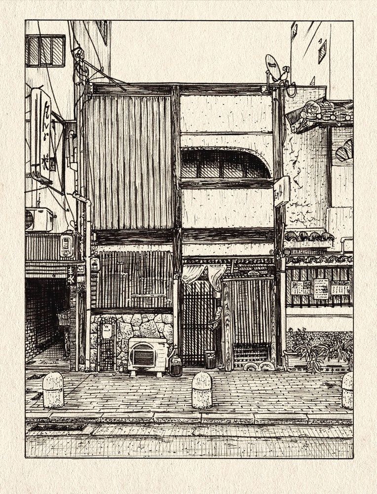 A black and white illustration of a 2 story building. Attached, on either side are 3 story buildings. The sidewalk and street are visible along the front of the buildings. There are some elements from the Showa time period in japan, as well as modern things like air conditioning units and a satellite dish. The Japanese characters on the sign read Takatsuki. A wooden door with a small fabric curtain above let’s us assume that this is a restaurant of some sort.
