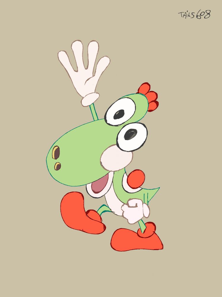 A digital artwork of Yoshi (mario) waving at you! Yes, you!