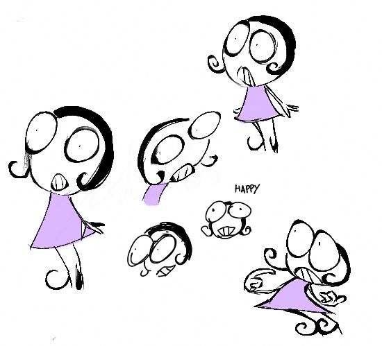 Her name's Ruth! She wears heels that ends in a swirl, a purple dress and a haircut I don't know how to describe besides that it's similar to that of flapper.