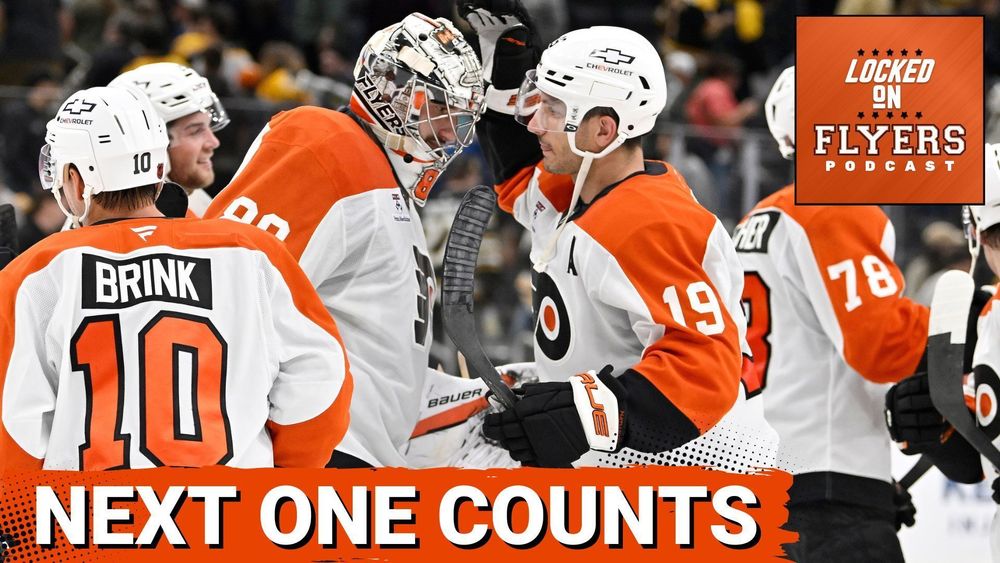 Title: Next One Counts!
Background Image: Philadelphia Flyers forward Garnet Hathaway congratulates goaltender Dan Vladar on a win in net.
Locked on Flyers podcast logo in upper right.