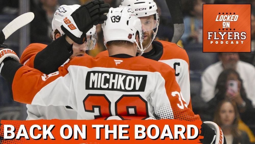Title: Back on the Board
Background Image: Philadelphia Flyers forward Matvei Michkov Celebrates a goal with teammates.
Locked on Flyers podcast logo in upper right.