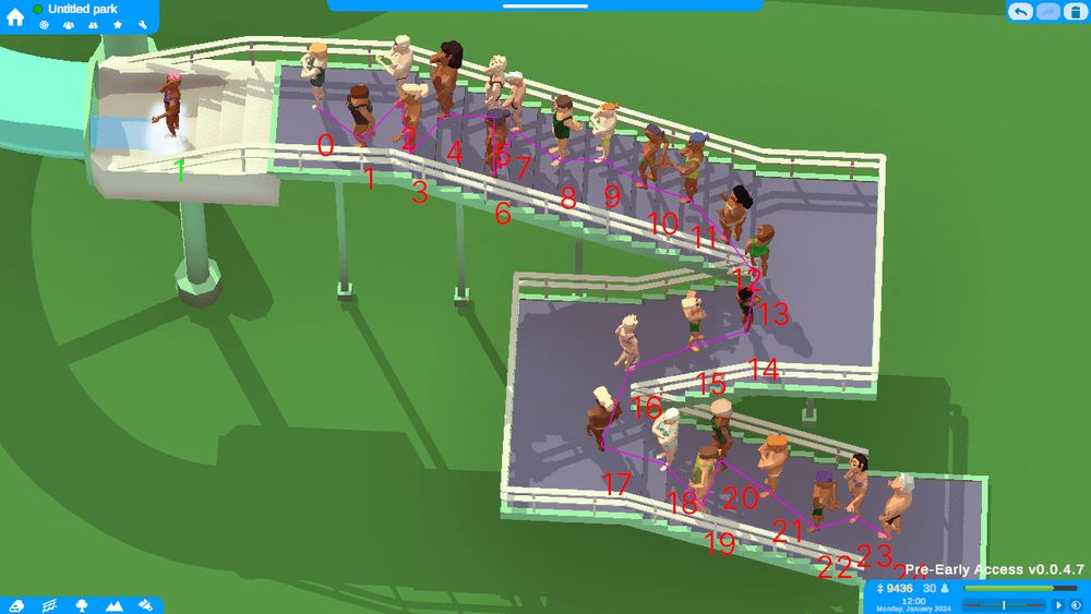 Stairs leading up to a tube slide, with guests queuing.