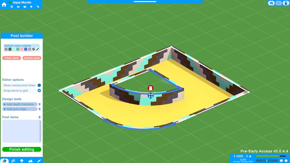 The pool editor in Aqua Mundo, with several edges of the pool selected.