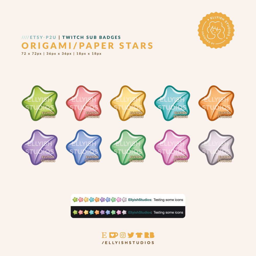 A set of 10 sub badges to use on Twitch. They're all the same design, a paper origami star, but in 10 different colours. They're now available on my Etsy. Find the link in my bio or search EllyishStudios on Etsy.