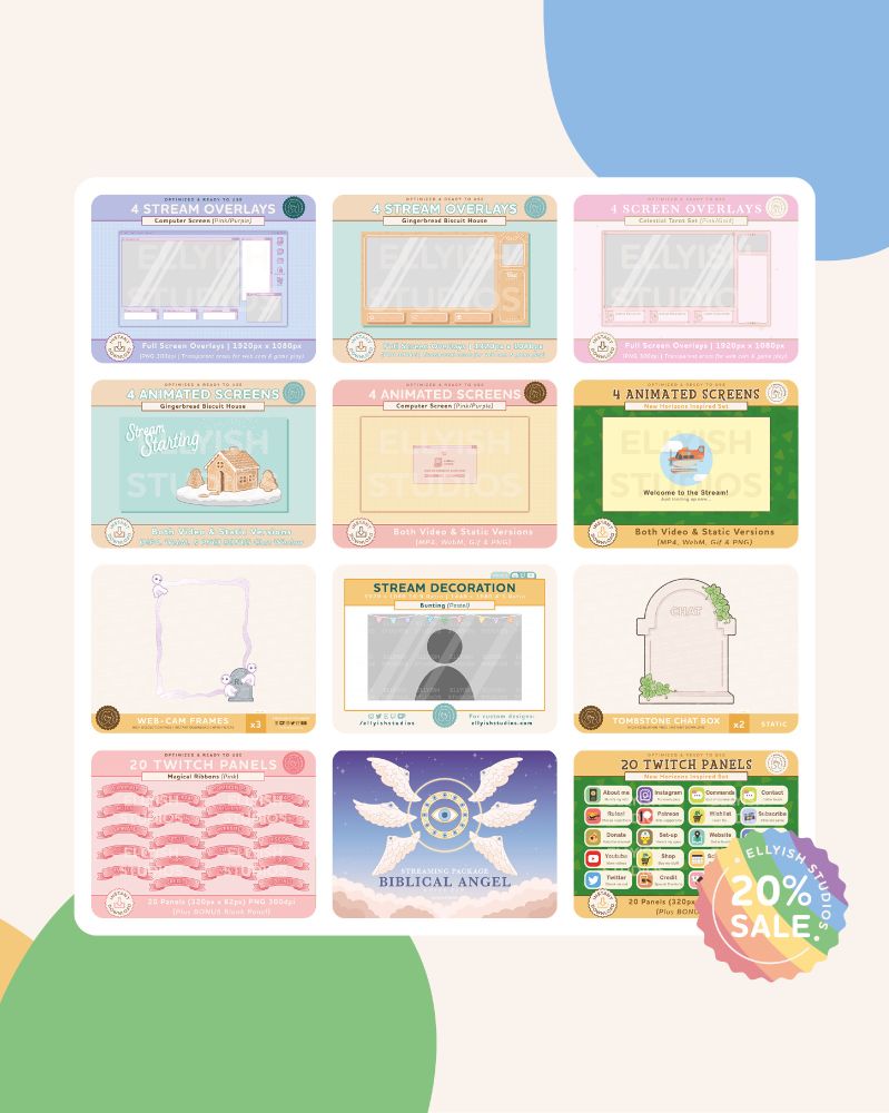 Here we have a graphic showing Overlays, Panels, Chat Boxes, Animated and Static Streaming Packages for sale. There's a variety of different packages to buy including: 90's computer design, Tarot Cards, Animal Crossing, Biblical Angel and much more. 