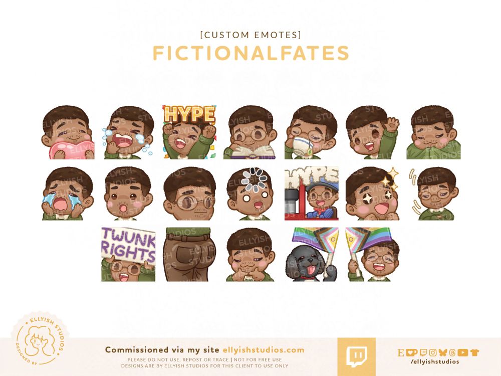 A set of 19 emotes for FictionalFates Twitch channel. Each is a chibi character of Joel and one is his dog. They're all in a variety of different poses and expressions. You can commission your own from my website, or buy pre-made emotes via my Etsy shop.