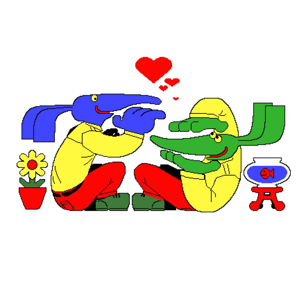 Digital pixel art of two cartoonish and abstract anthropomorphic characters with long ears. They gesture toward each other and hearts appear between them, symbolizing their love. To the left character's side is a potted flower, and to the right character's side is a goldfish sitting in a fishbowl.