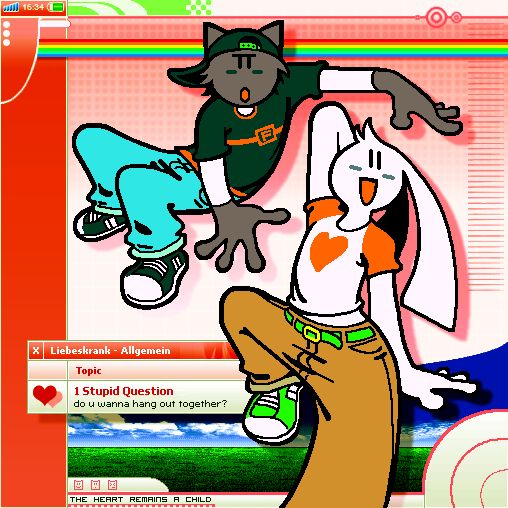 Two cute anthropomorphic characters, a cat and a bunny, pose against a colorful frutiger aero inspired backdrop. There is a small dialogue box in the style of old 2007 forum interfaces that states "1 Stupid Question: do u wanna hang out together?" At the very bottom of the image there is small text saying "The Heart remains a child", in reference to an Everything But the Girl song by the same name. 