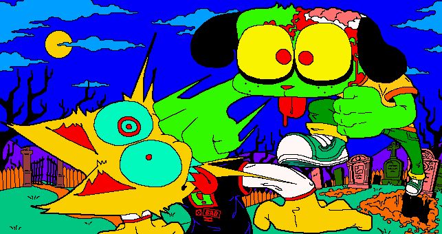 A stylized cartoon illustration of an anthropomorphic yellow cat getting punched in the face by a zombie dog person in a graveyard. The zombie dog person is leaping out of an open grave toward the cat. There is a full moon and lots of clouds in the dark blue night sky.