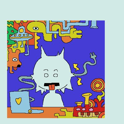 An illustration of a white figure sticking its tongue out as its head is impaled by the cord of a small laptop. In the corners around the character, strange psychedelic creatures and shapes emerge.
