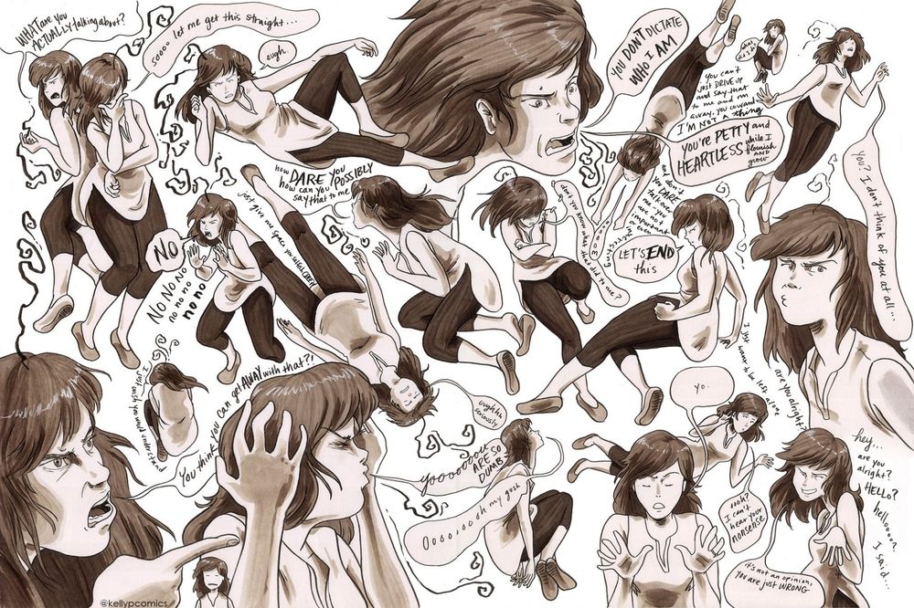 ALT

Image description

Double-page spread from a comic featuring numerous Kellys in various states of distress and frustration. Figures and faces are contorted, gesturing passionately, or withdrawn. Speech bubbles and text are jumbled between the figures and share sentiments of irritation.