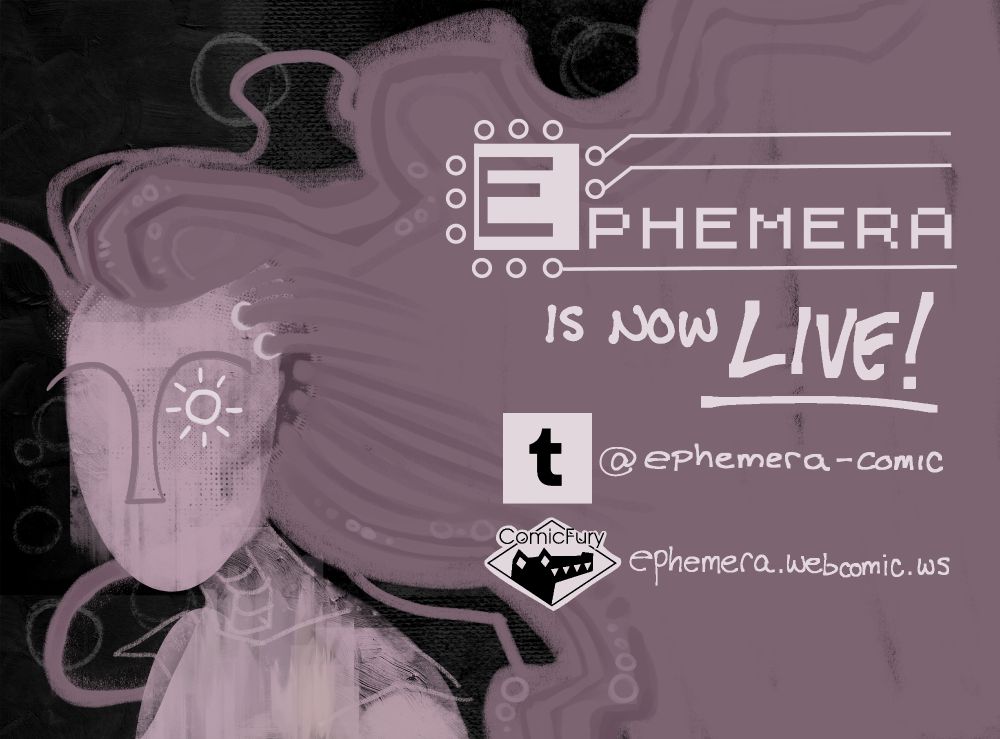 Promotional image for the webcomic EPHEMERA, featuring one of the lead characters, Ten. the image links the comic's tumblr (https://ephemera-comic.tumblr.com/) and comicfury (https://ephemera.webcomic.ws) 