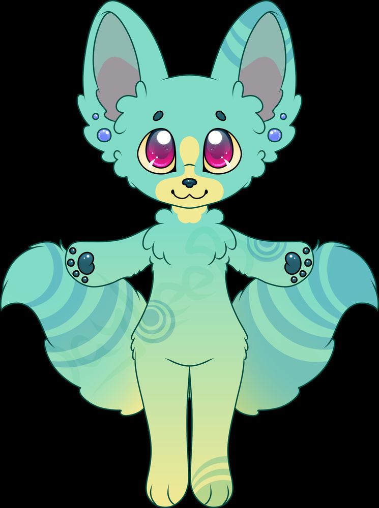 cartoon illustration of an antropomorphic fox with glass green fur and yellow accents