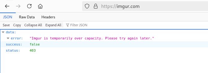 A screenshot of imgur accessed over a VPN showing "Imgur is temporarily over capacity. Please try again later." in JSON