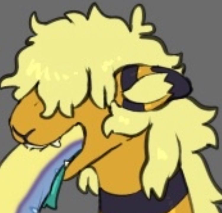 A low resolution crop of a Mega Ampharos swallowing another pokemon greedily! Its fluff covers its eyes and head gem. Its head has been made more sheep-like, and it sports dragon fangs, an ode to its new dragon typing!