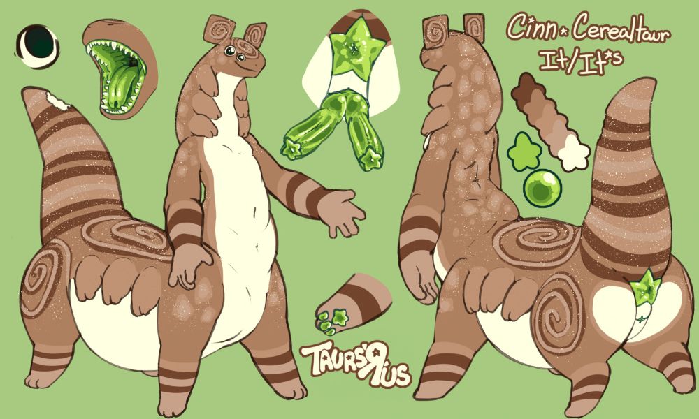 My sona, a cereal taur with several extra little arms on its neck and lower belly! It sports a hefty star shaped donut, as well as star shaped hemipenes in a slit. It has 4 eyes. The ref is NSFW