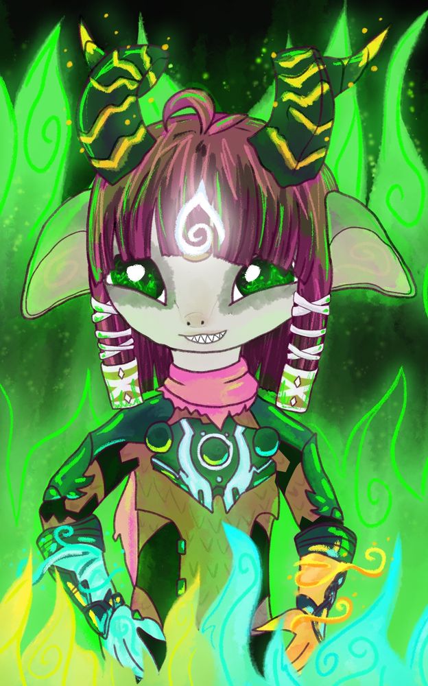 a weird drawing of a guild war asura lookin like a gremlin in big green fire
