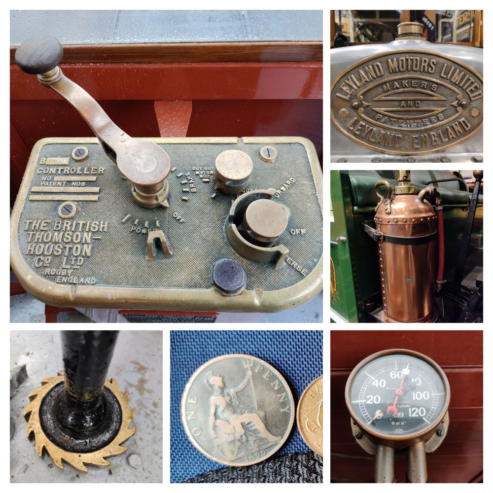 Another 6 photos, a tram control panel, a makers plate on an omnibus, a brass fire extinguisher, a brass cog, a penny from 1899 and guage.