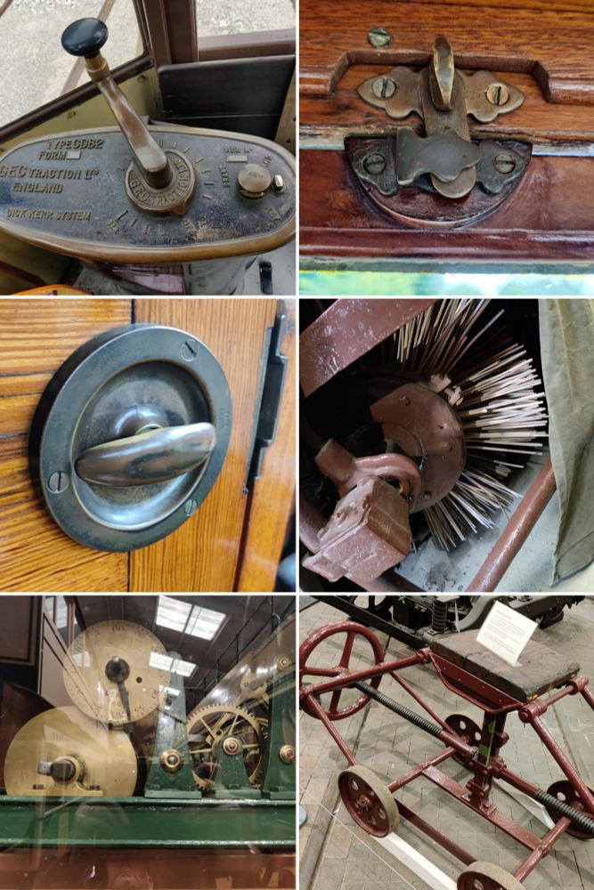 A collage of 6 trams mechanisms.