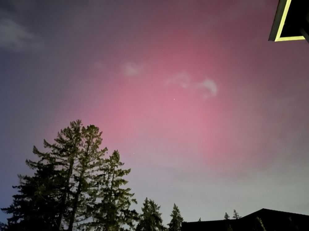 A photo of the aurora borealis above a roof line in the lower right and some Doug fir trees on the left: light green just above the roof, with a light fuschia color taking up most of the sky. There are a couple clouds in the center of the auroras. 