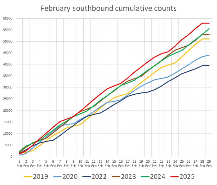 A cumulative chart showing cycle counts for 2019, 2020, 2022, 2023, 2024 and 2025. The 2025 count is in first place for most of the month.