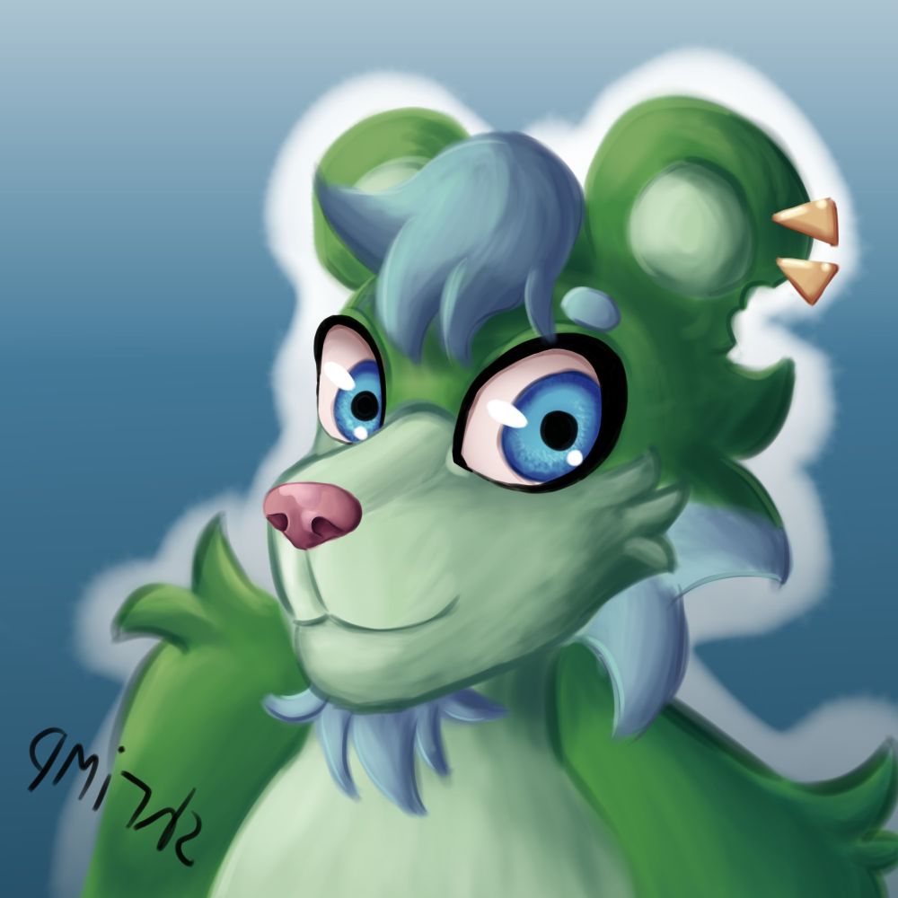Green bear furry art. Blue hair and blue eyes.