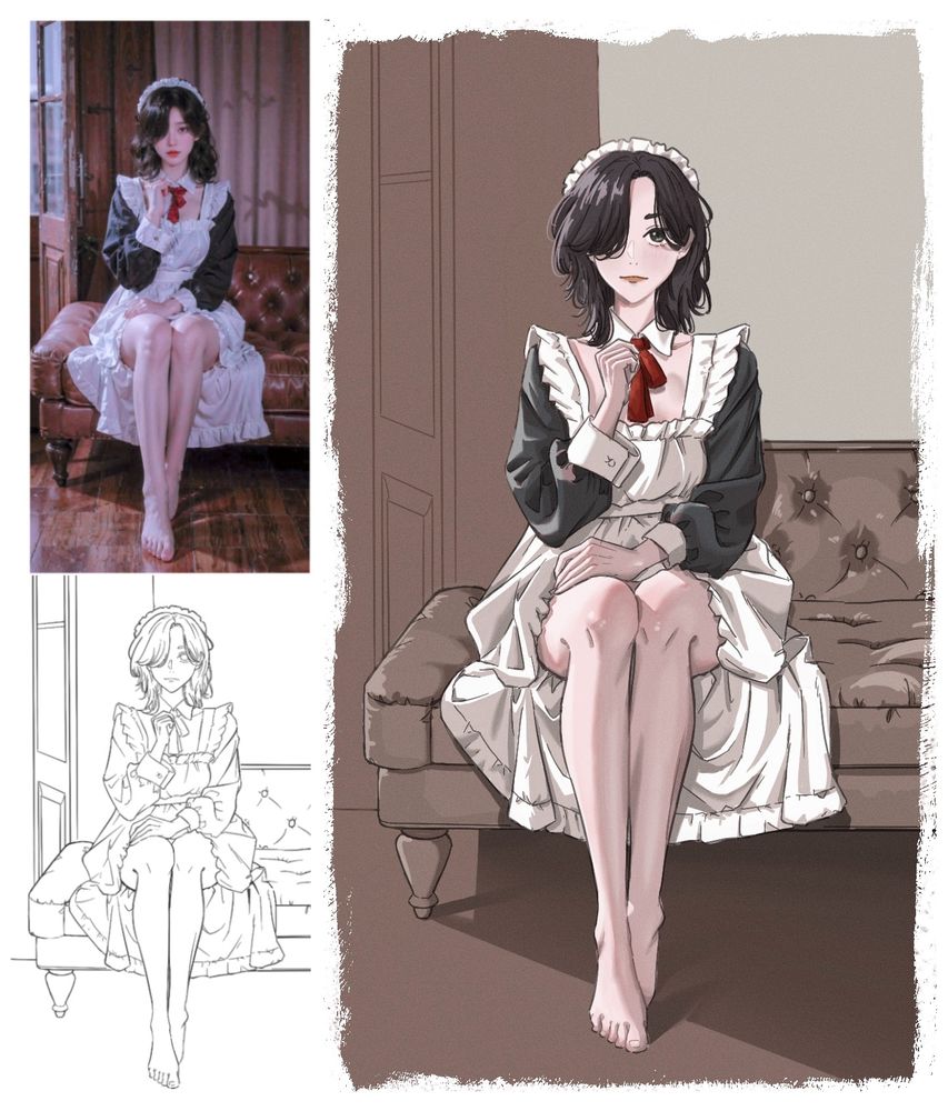 Colored sketch from a photo reference of a maid sat on a sofa.