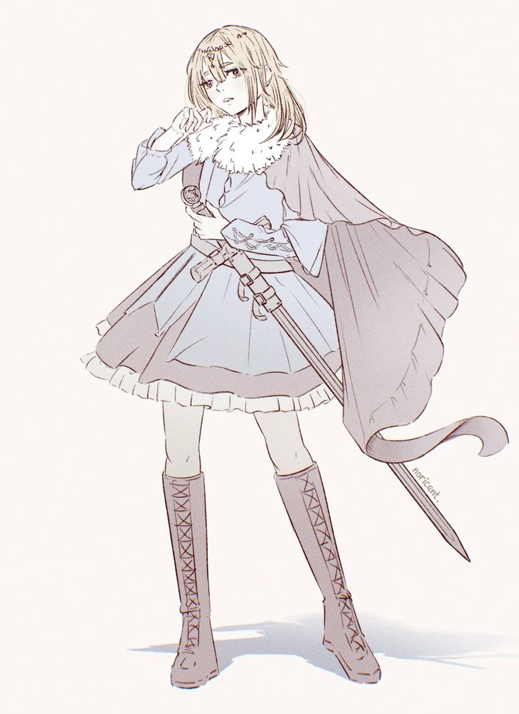 Sketch of a knight woman with rough pastel colors. She wears a cloak and a sword at her waist.