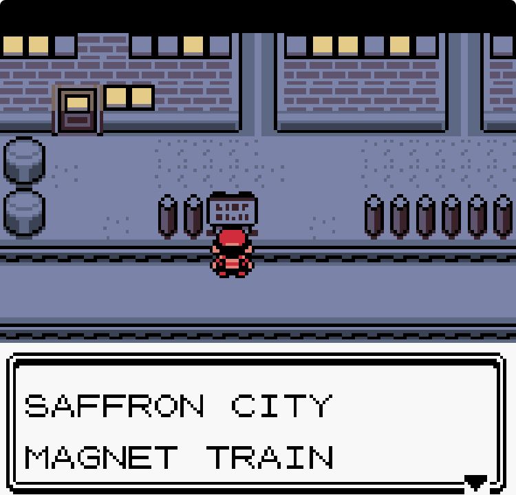 Screenshot from Pokemon Crystal where the player is reading a sign that says “Saffron City Magnet Train”